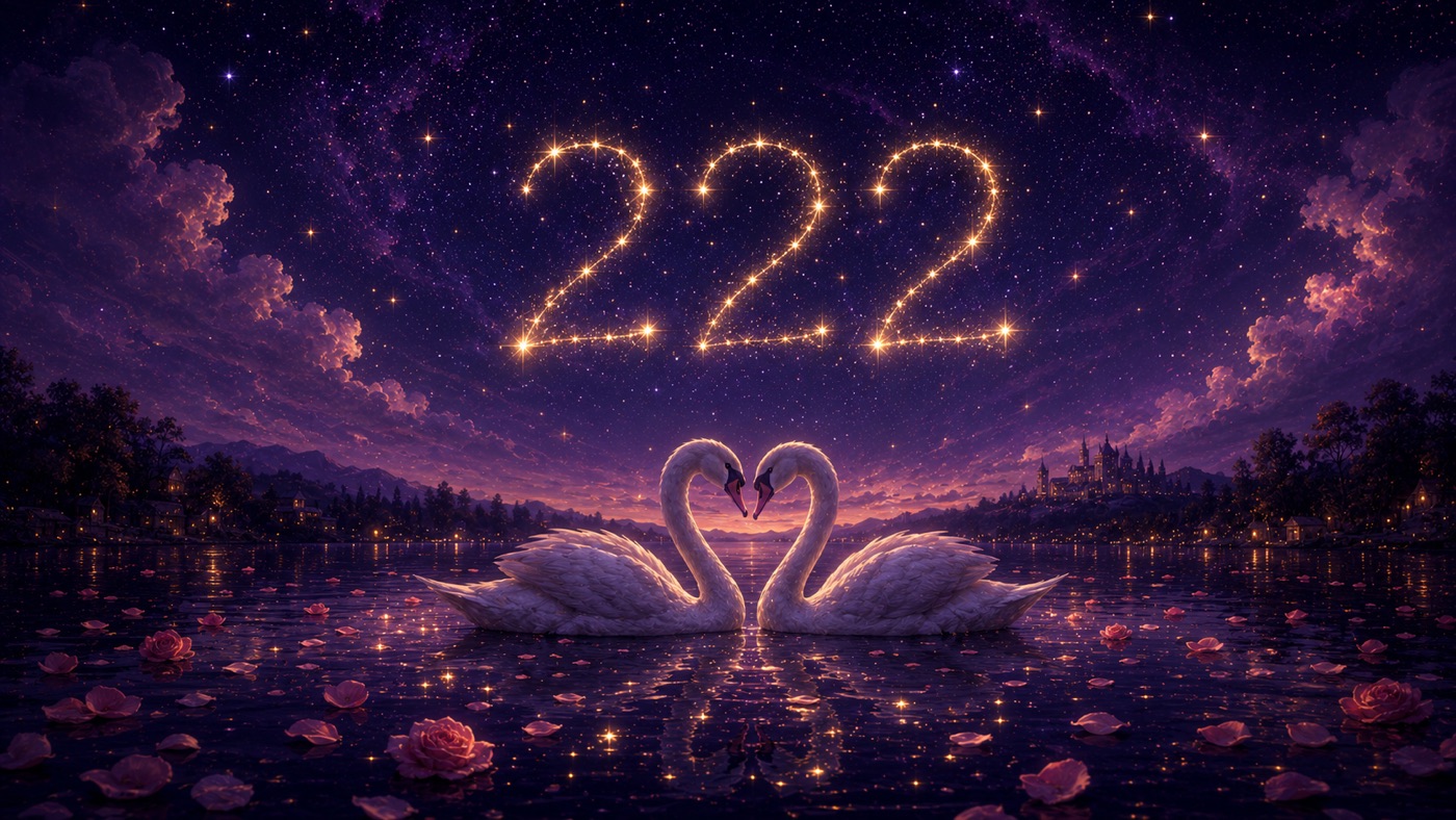 The number 222 glowing softly among stars above two intertwined hands