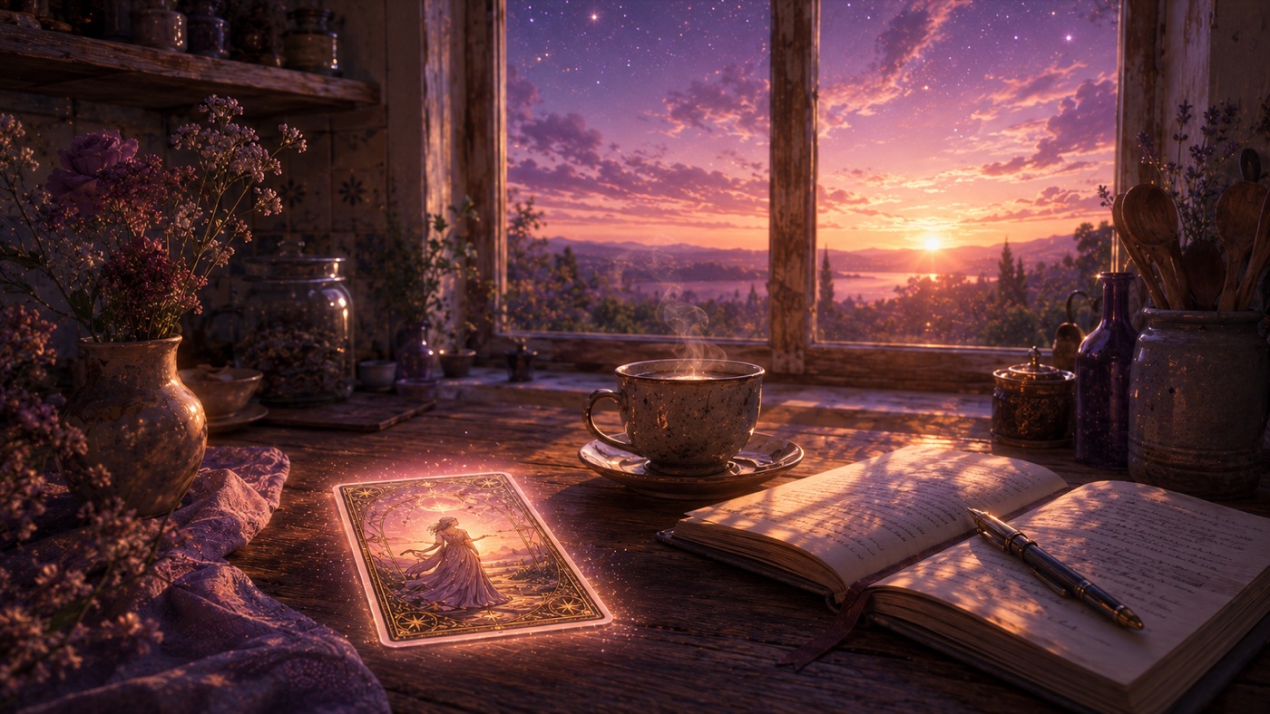 A morning table with one tarot card, a journal, and a cup of coffee under window light