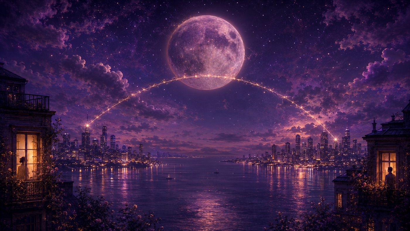A crescent moon over two cities connected by a thin line of light