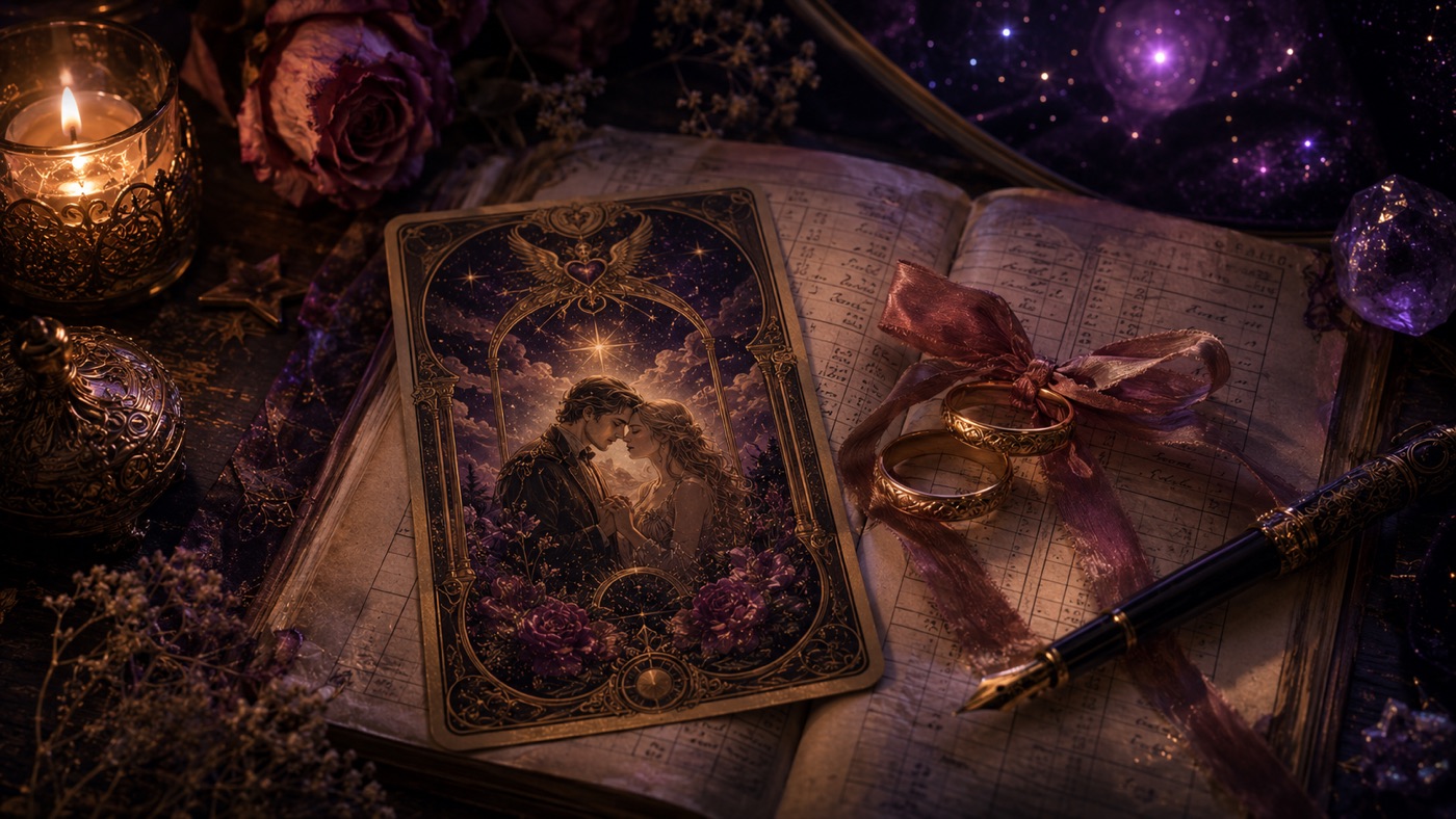 The Lovers tarot card beside two golden rings on a bank ledger