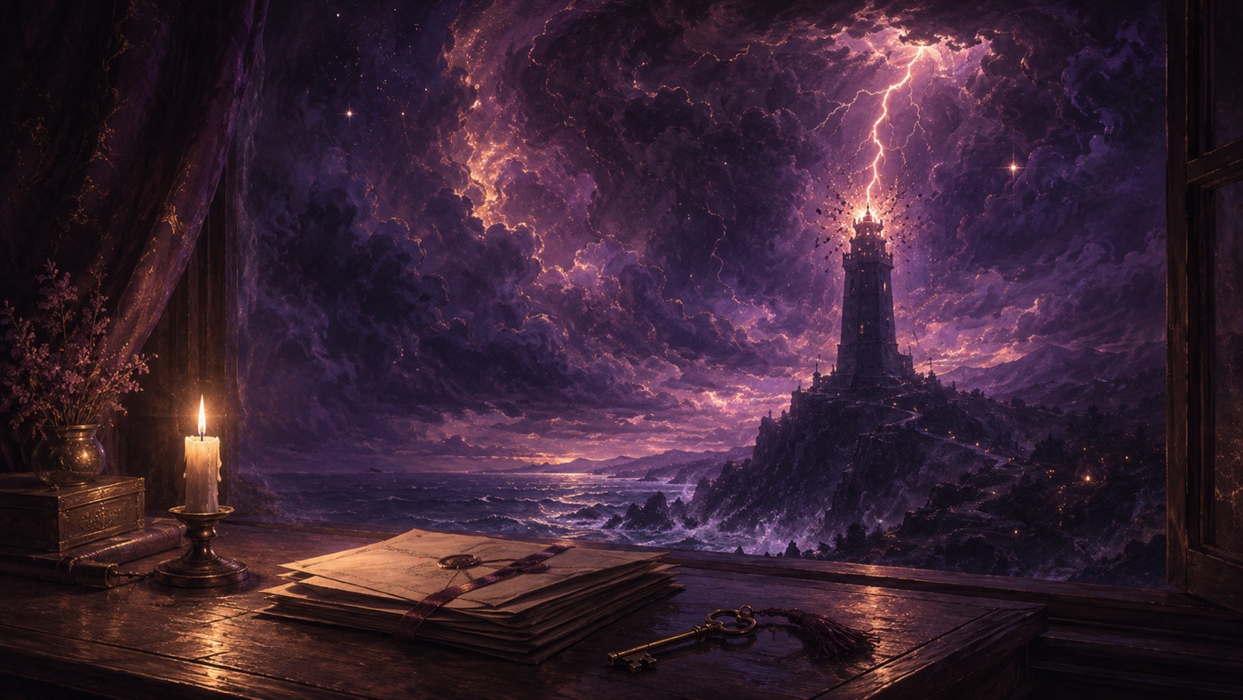 The Tower tarot card beside a stack of legal papers and a pen