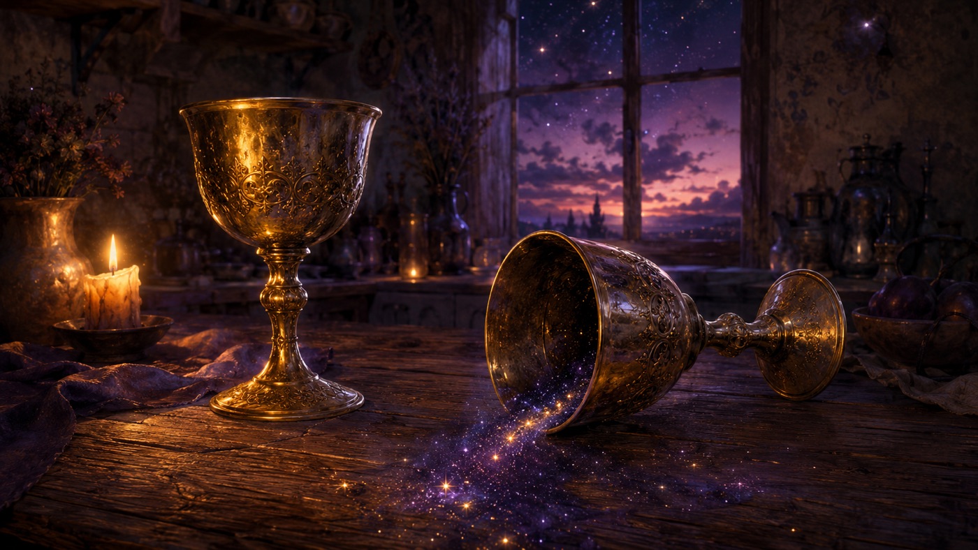 Two golden cups on a table, one tipped over, in soft candlelight
