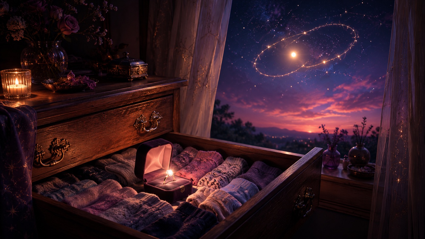 An engagement ring resting in a sock drawer under moonlight