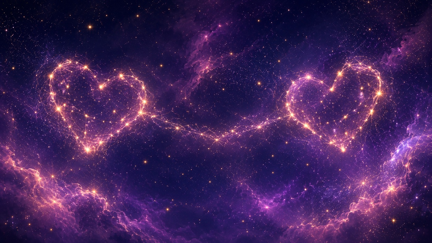 Two constellations shaped like hearts reaching toward each other across a rose and gold nebula
