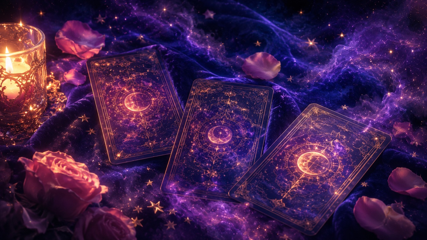 Three tarot cards face down on a midnight table scattered with rose petals and starlight