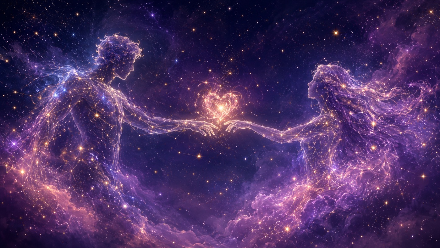 Two luminous figures made of constellations reaching toward each other across a rose-gold nebula