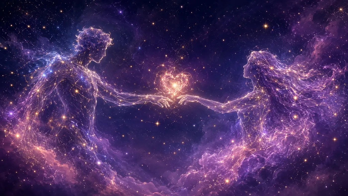 Two luminous figures made of constellations reaching toward each other across a rose-gold nebula