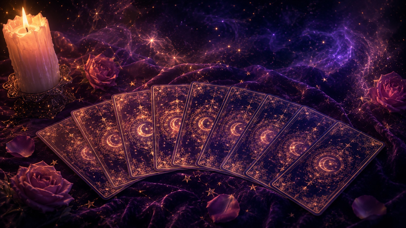 A fan of eight face-down tarot cards on dark velvet under candlelight and drifting stardust