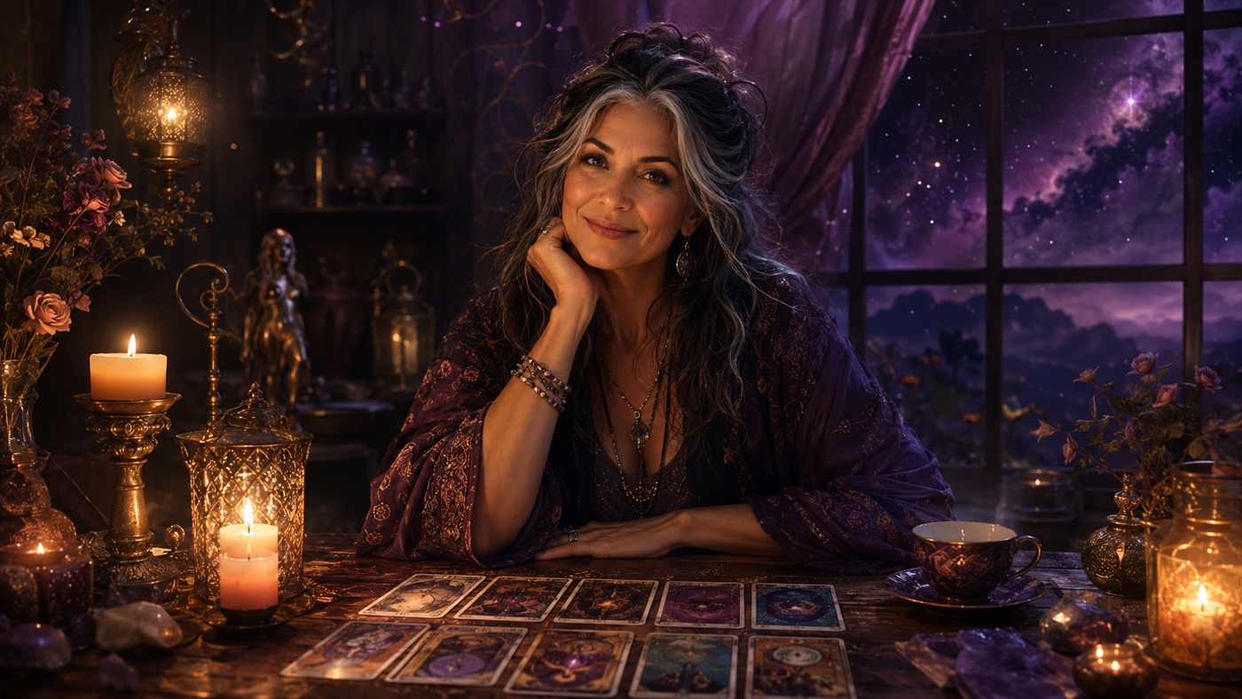 Portrait of Selene Vale at a candlelit table with tarot cards
