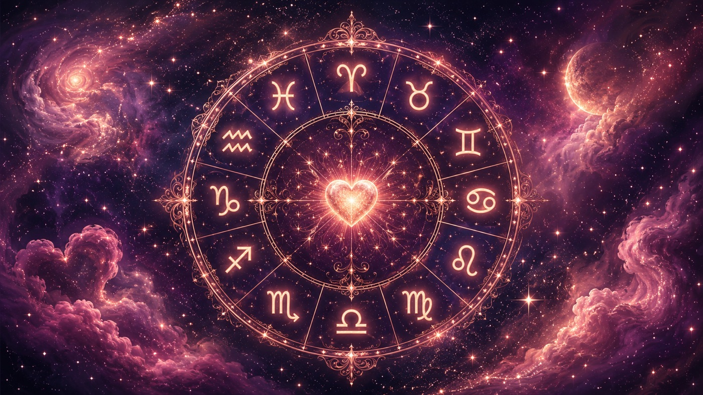 A glowing zodiac wheel among stars in rose and gold light